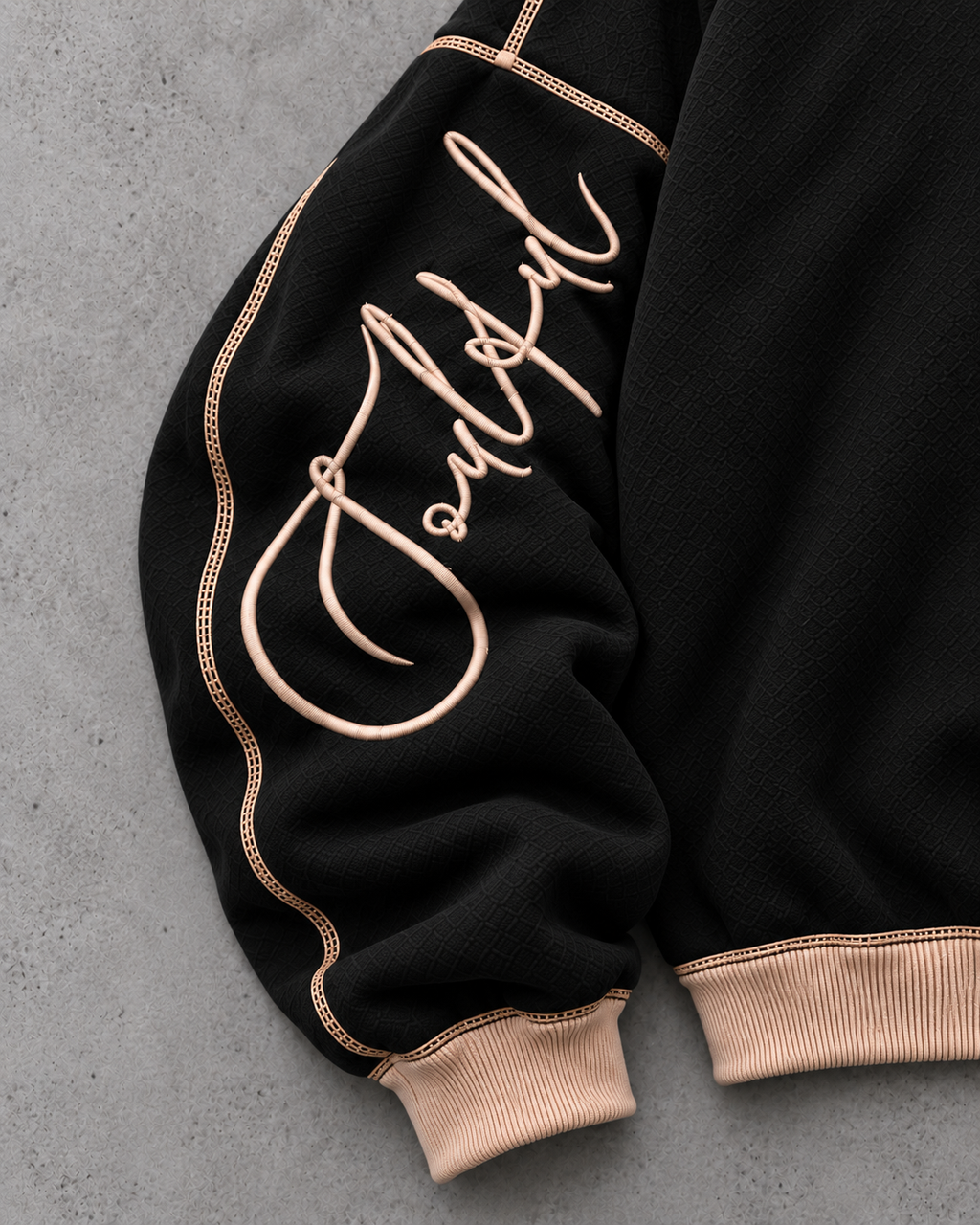 Soulful Sweatshirt Limited Edition - black and beige hand-embroidered, back detail close-up