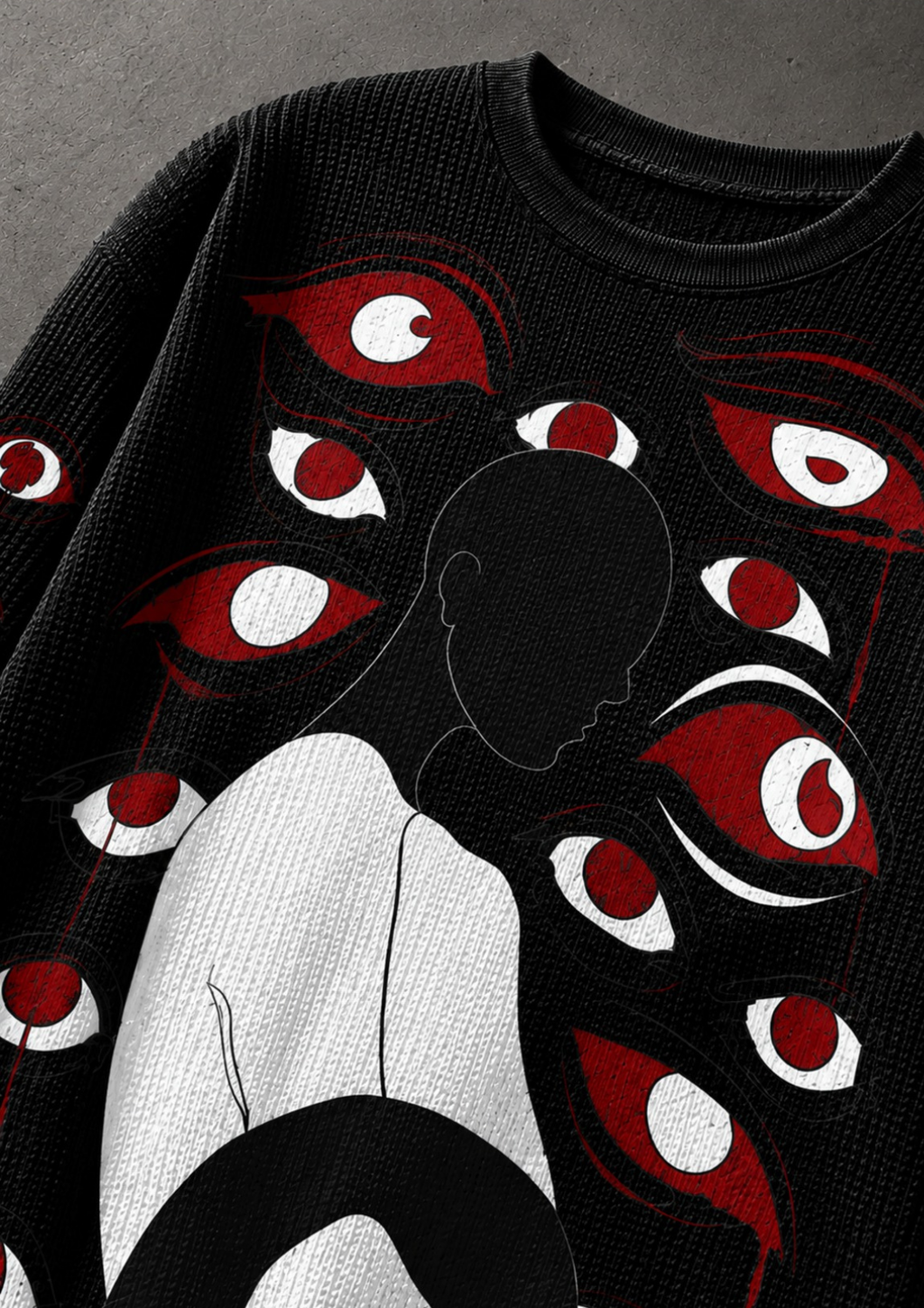 Behind The Eye Waffle Tee - side angle detail shot