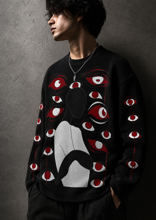 Behind The Eye Waffle Tee - multi-eye graphic print close-up