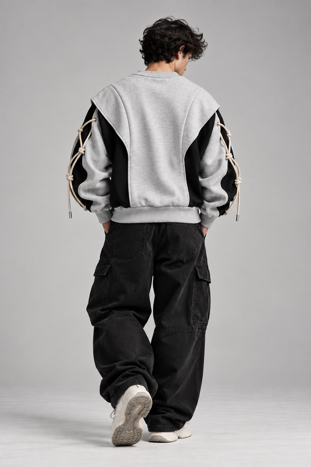 ARVO Sweatshirt — grey and black oversized unisex streetwear, 280 GSM French Terry, round neck collar, rope cuff detail — view 4 of 10