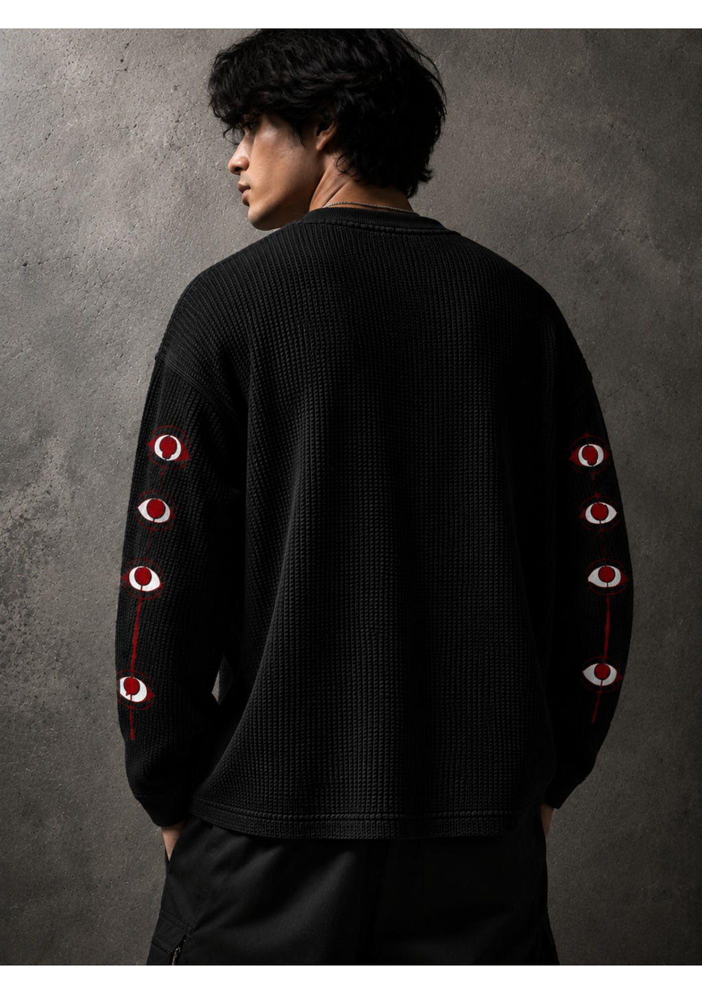 Behind The Eye Waffle Tee - back view showing red and white artwork