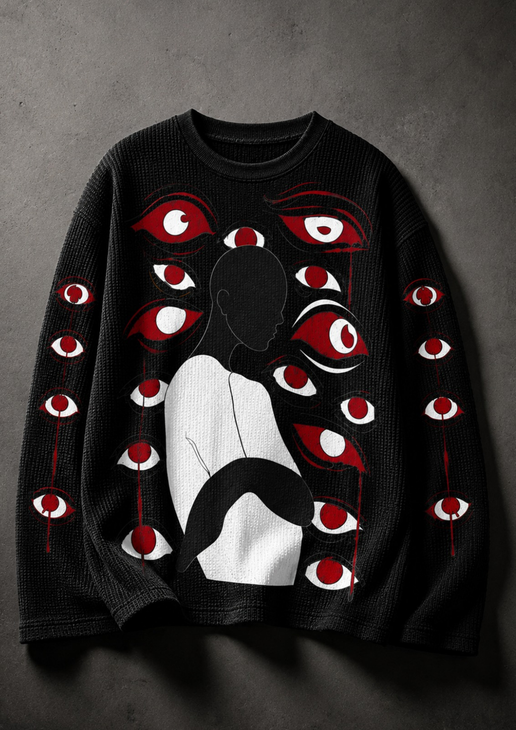Behind The Eye Waffle Tee - black oversized waffle-knit sweater, front view