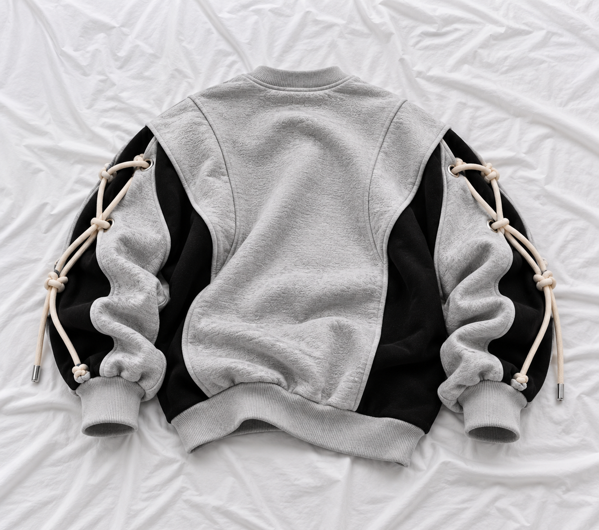 ARVO Sweatshirt — grey and black oversized unisex streetwear, 280 GSM French Terry, round neck collar, rope cuff detail — view 5 of 10