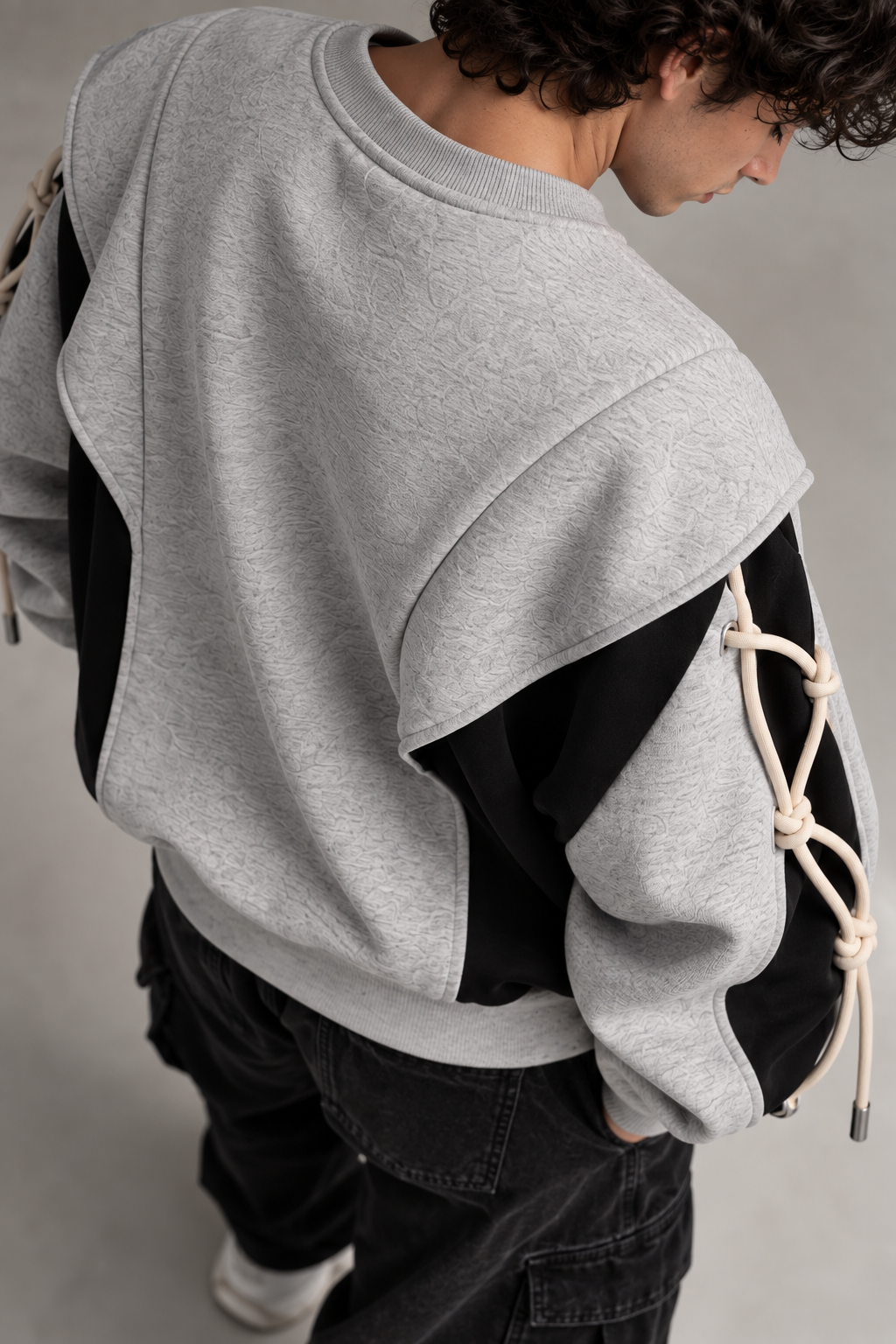 ARVO Sweatshirt — grey and black oversized unisex streetwear, 280 GSM French Terry, round neck collar, rope cuff detail — view 8 of 10