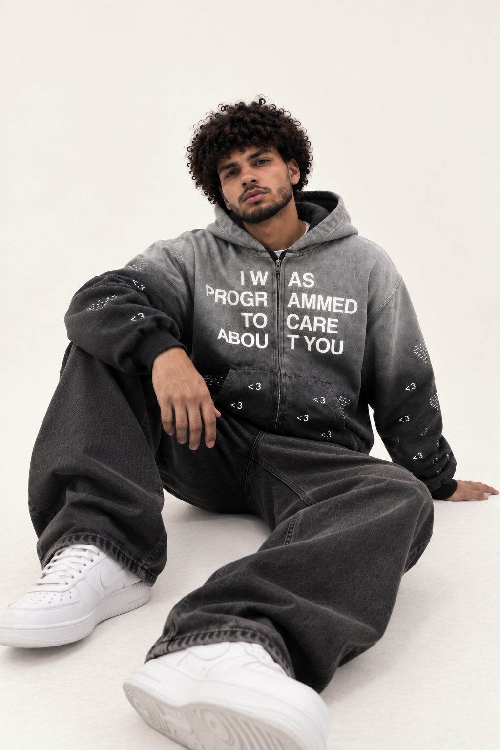Heart.exe Hoodie - grey and black gradient zip-up hoodie, front view seated