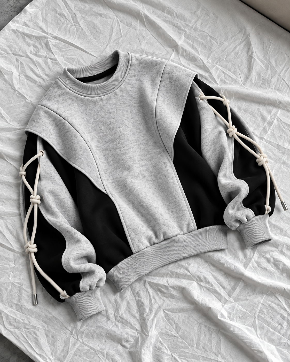 ARVO Sweatshirt — grey and black oversized unisex streetwear, 280 GSM French Terry, round neck collar, rope cuff detail — view 7 of 10