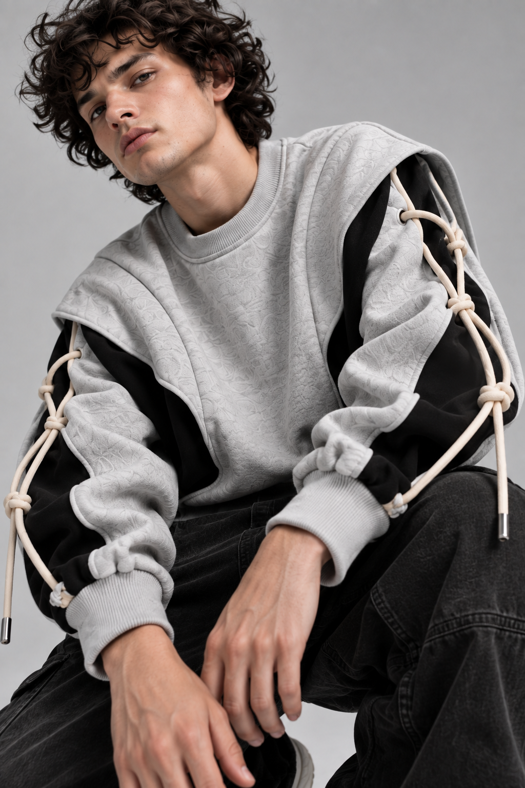 ARVO Sweatshirt — grey and black oversized unisex streetwear, 280 GSM French Terry, round neck collar, rope cuff detail — view 6 of 10