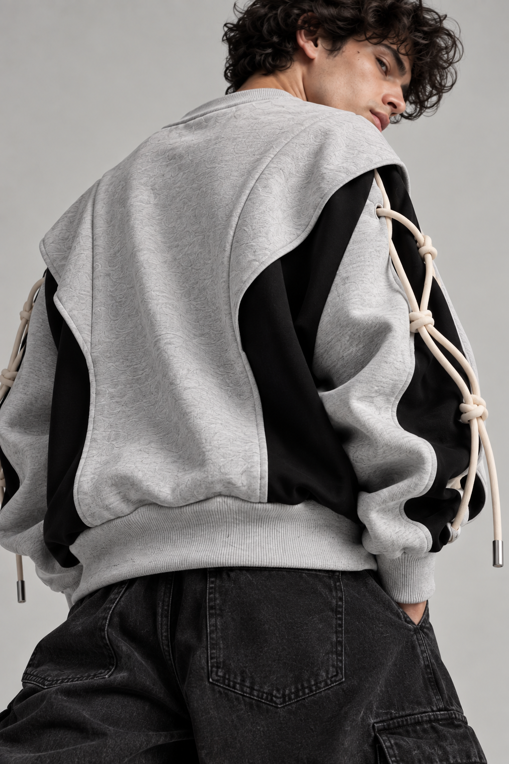 ARVO Sweatshirt — grey and black oversized unisex streetwear, 280 GSM French Terry, round neck collar, rope cuff detail — view 2 of 10