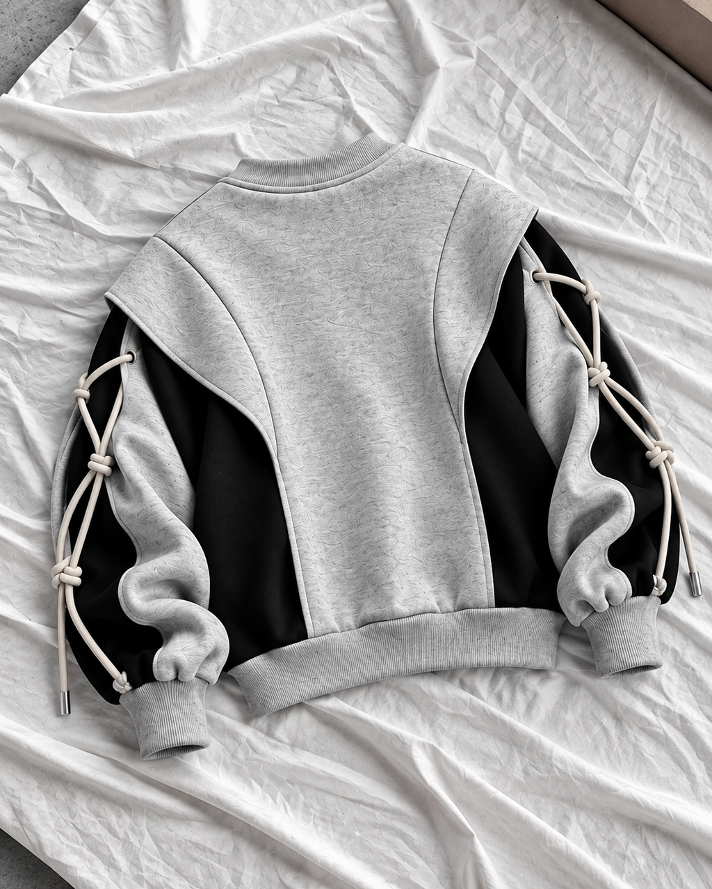 ARVO Sweatshirt — grey and black oversized unisex streetwear, 280 GSM French Terry, round neck collar, rope cuff detail — view 9 of 10