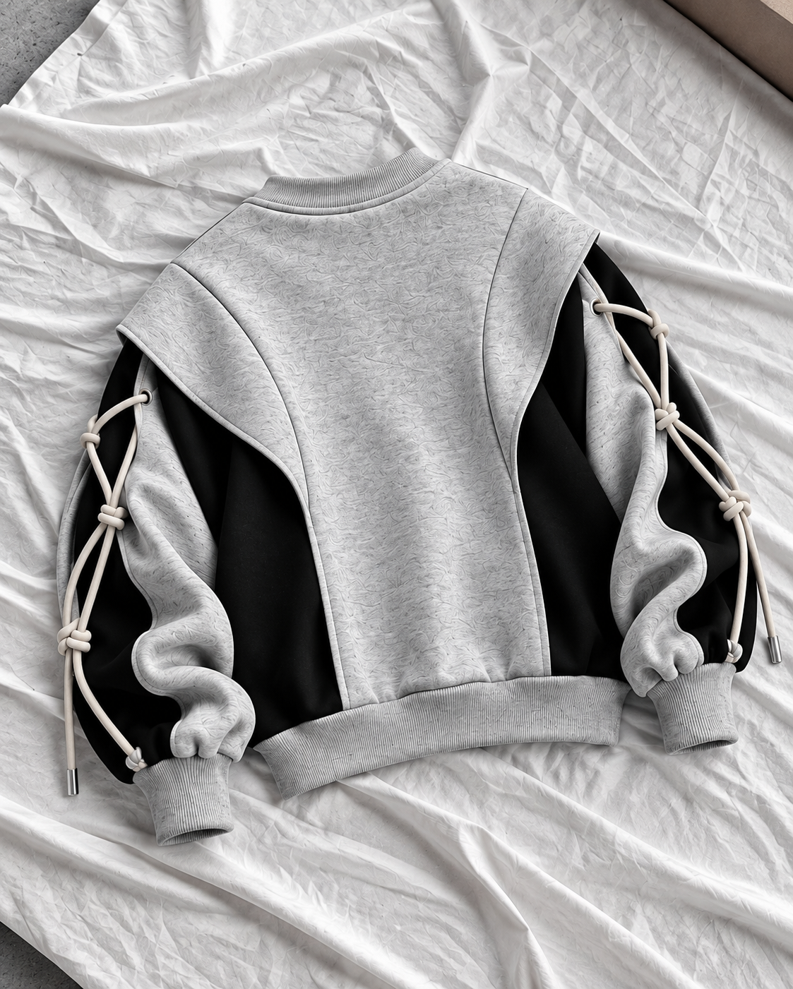 ARVO Sweatshirt — grey and black oversized unisex streetwear, 280 GSM French Terry, round neck collar, rope cuff detail — view 9 of 10