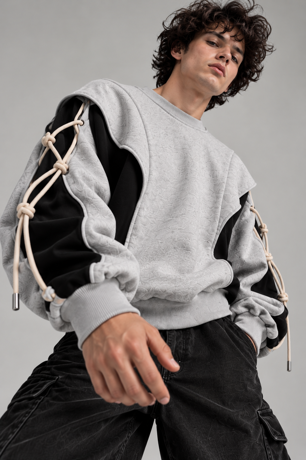 ARVO Sweatshirt — grey and black oversized unisex streetwear, 280 GSM French Terry, round neck collar, rope cuff detail — view 1 of 10