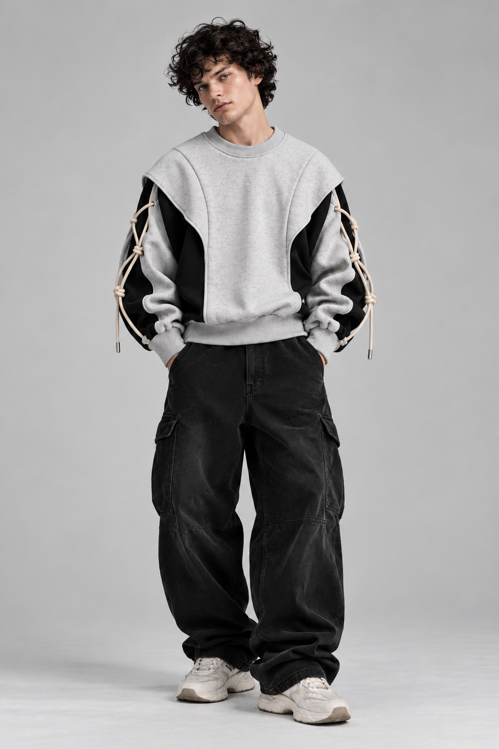 ARVO Sweatshirt — grey and black oversized unisex streetwear, 280 GSM French Terry, round neck collar, rope cuff detail — view 3 of 10