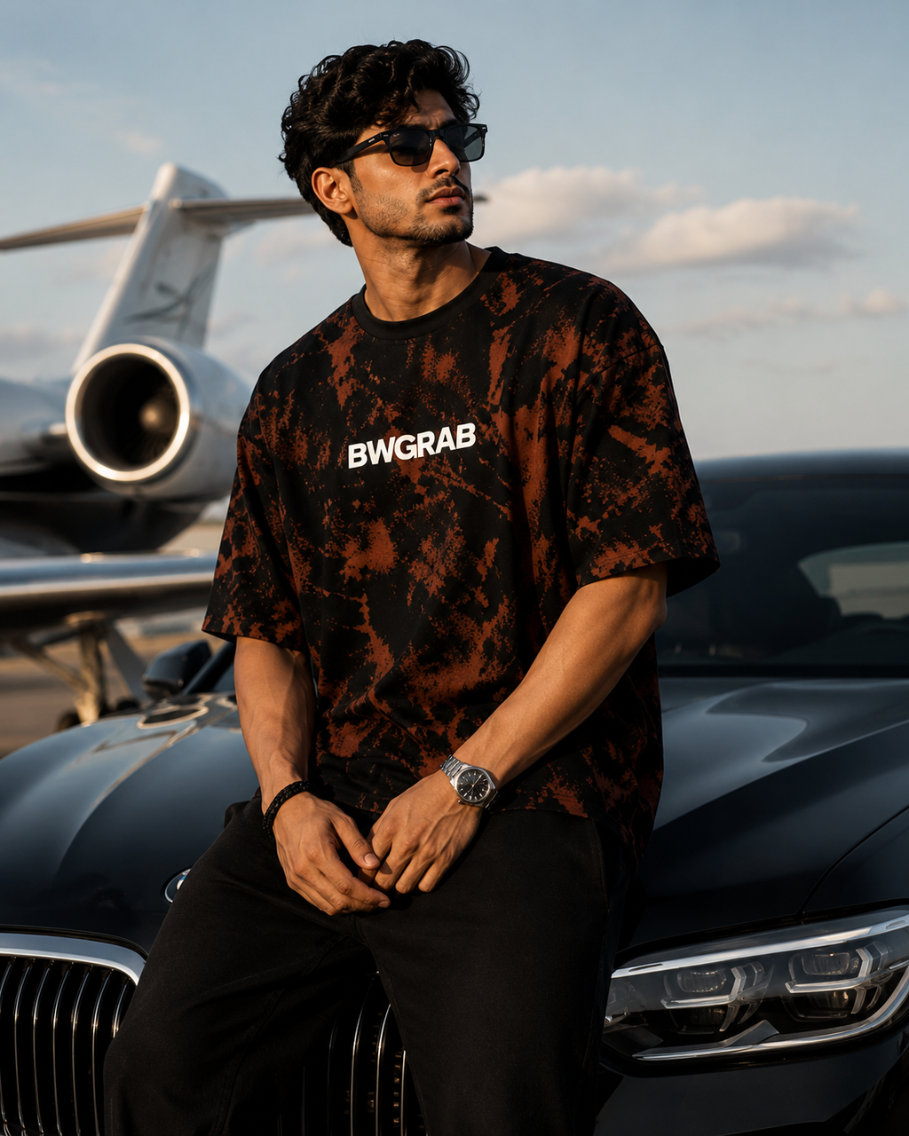 Phantom Hands Oversize Tee worn by model in black acid-wash bio-wash cotton streetwear tee - BWGRAB