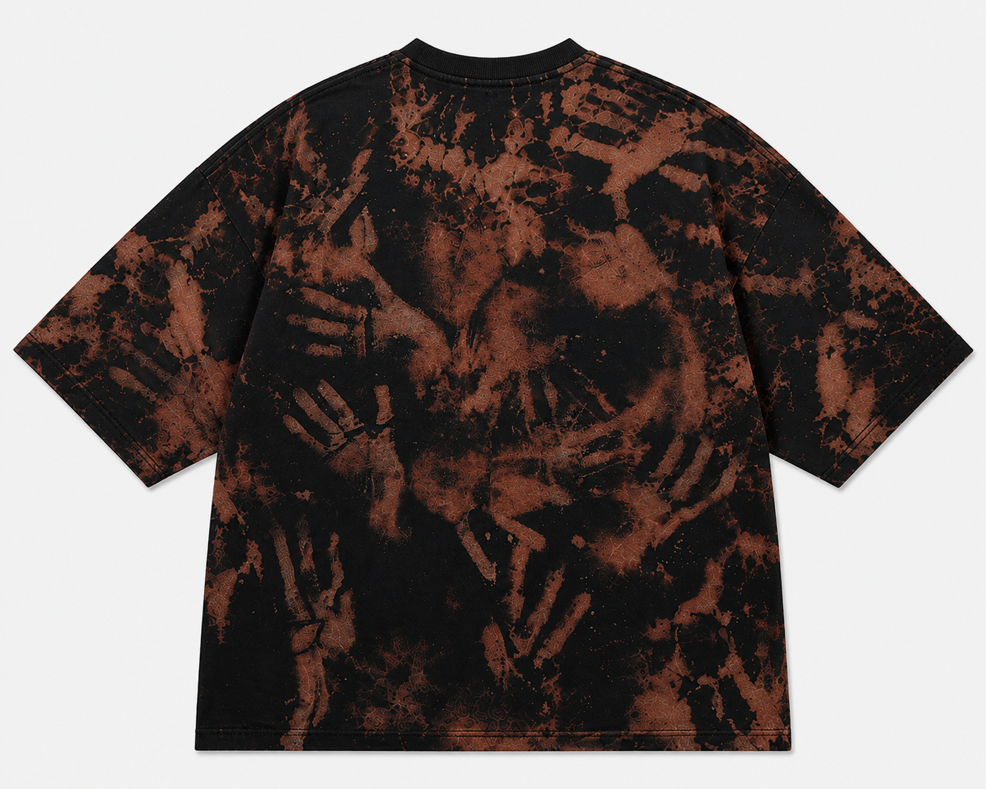 Phantom Hands Tee product shot - garment-dyed black with red acid-wash splatter - BWGRAB