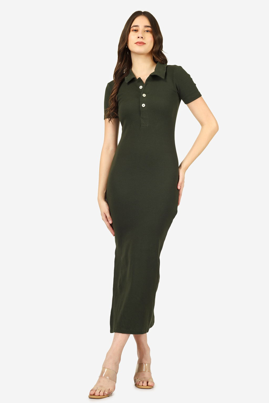 COLLAR BODYCON olive green midi dress product shot — BWgrab