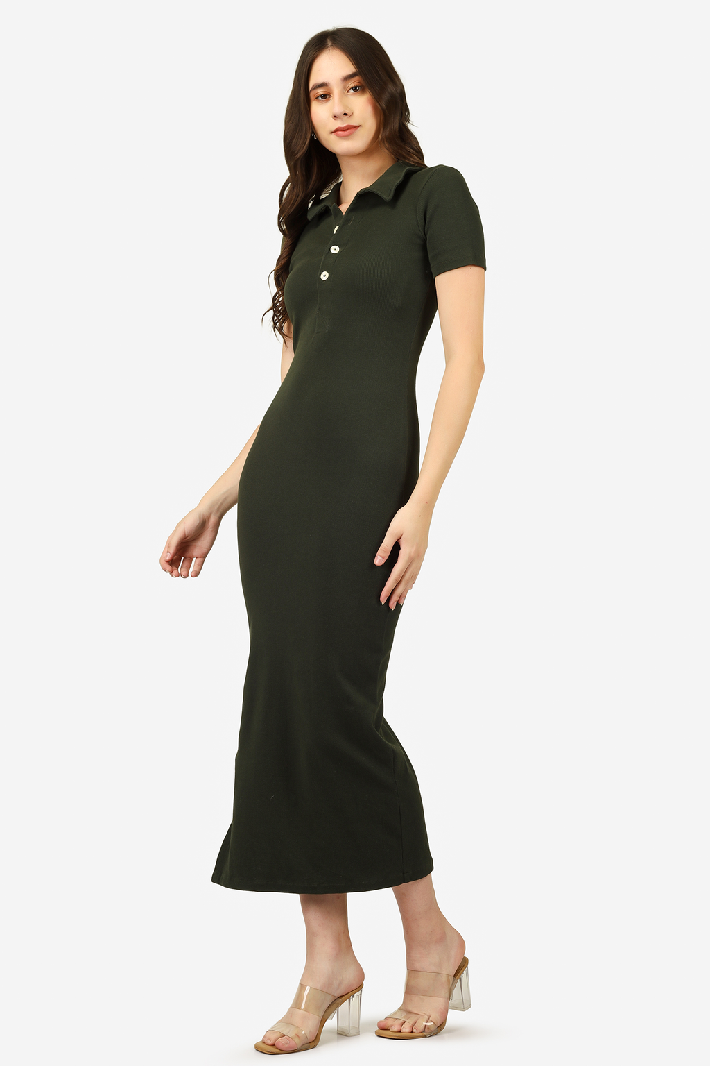 COLLAR BODYCON heavy ribbed dress back view — earthy green — BWgrab