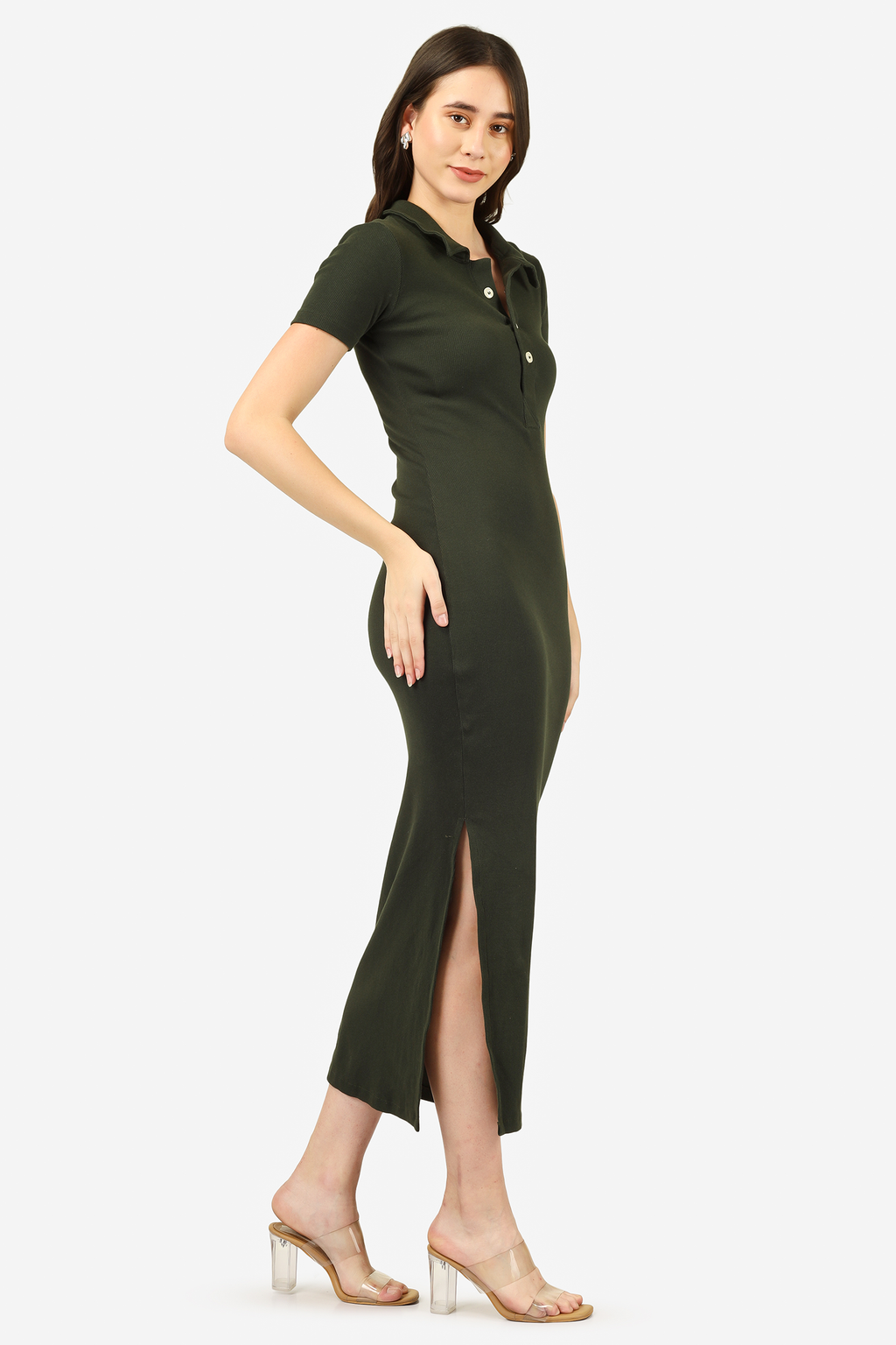 COLLAR BODYCON olive green dress front view — polo collar — BWgrab