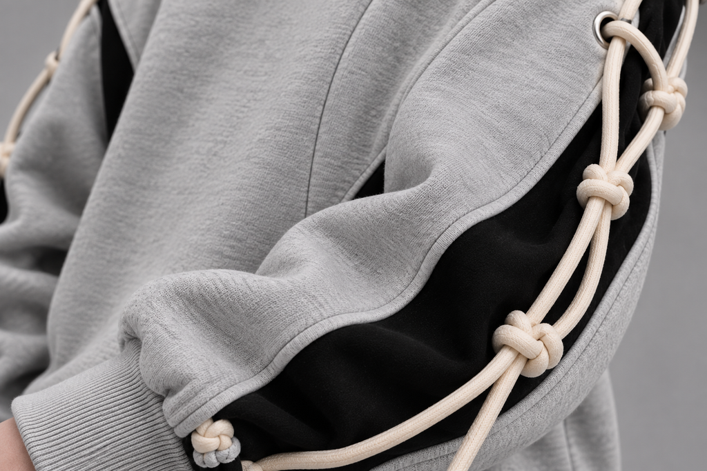ARVO Sweatshirt — grey and black oversized unisex streetwear, 280 GSM French Terry, round neck collar, rope cuff detail — view 10 of 10
