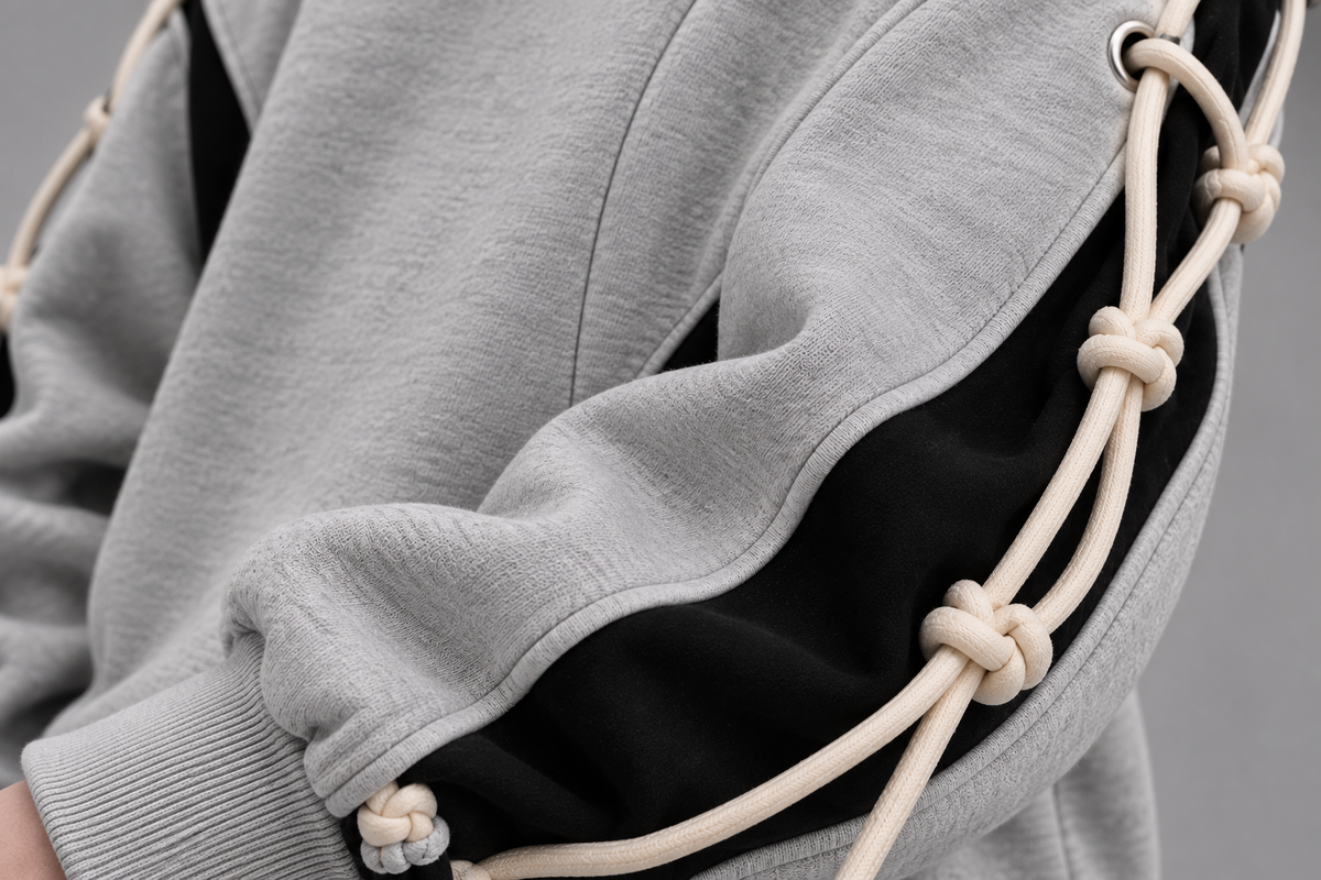 ARVO Sweatshirt — grey and black oversized unisex streetwear, 280 GSM French Terry, round neck collar, rope cuff detail — view 10 of 10